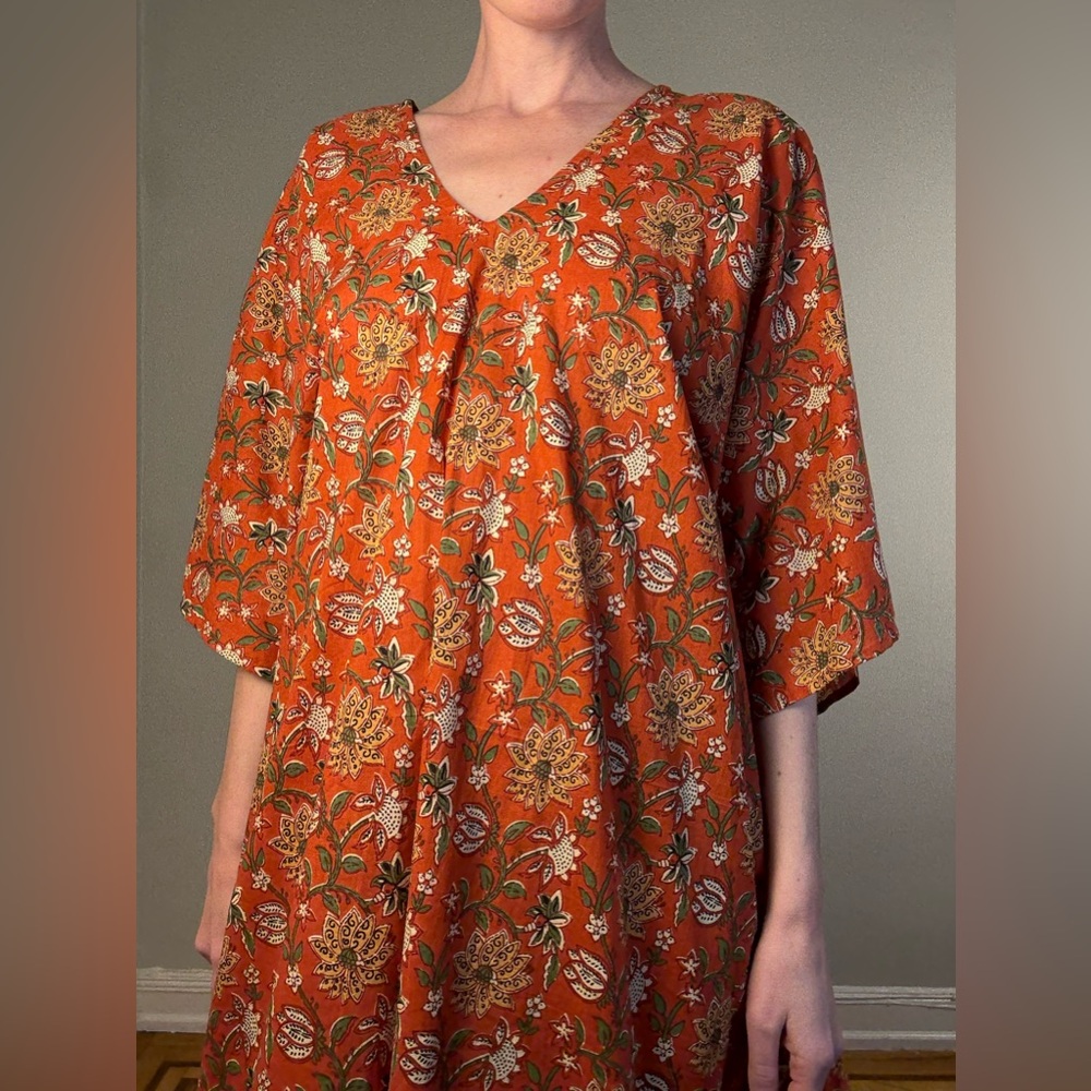 Easy Casual Boho 100% Cotton Summer Floral Burnt Orange Women’s Kaftan One Size